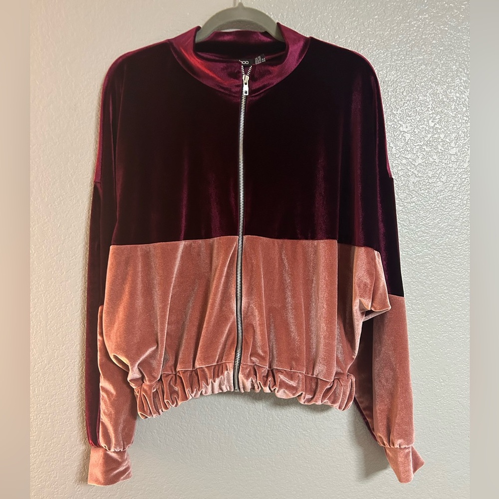 Womans Boohoo purple pink Block Velvet Velour Bomber zip up Jacket size 12 large